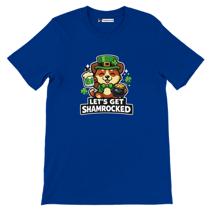 Blue tee with cute anime dog in leprechaun hat, shamrocks, green beer, and 'Let's Get Shamrocked' text