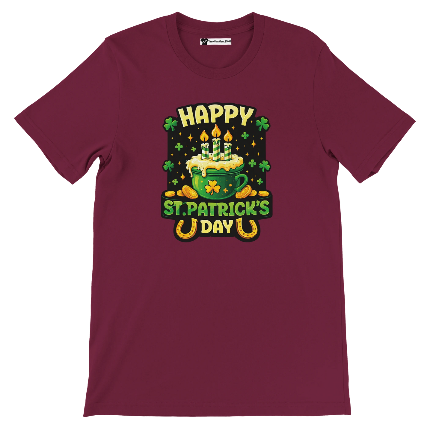 Happy St. Patrick's Day T-shirt with green shamrocks, candles, and gold coins design