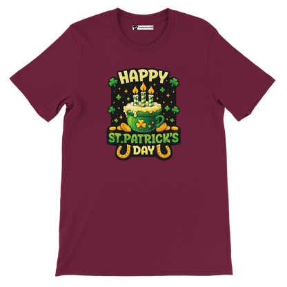 Happy St. Patrick's Day T-shirt with green shamrocks, candles, and gold coins design