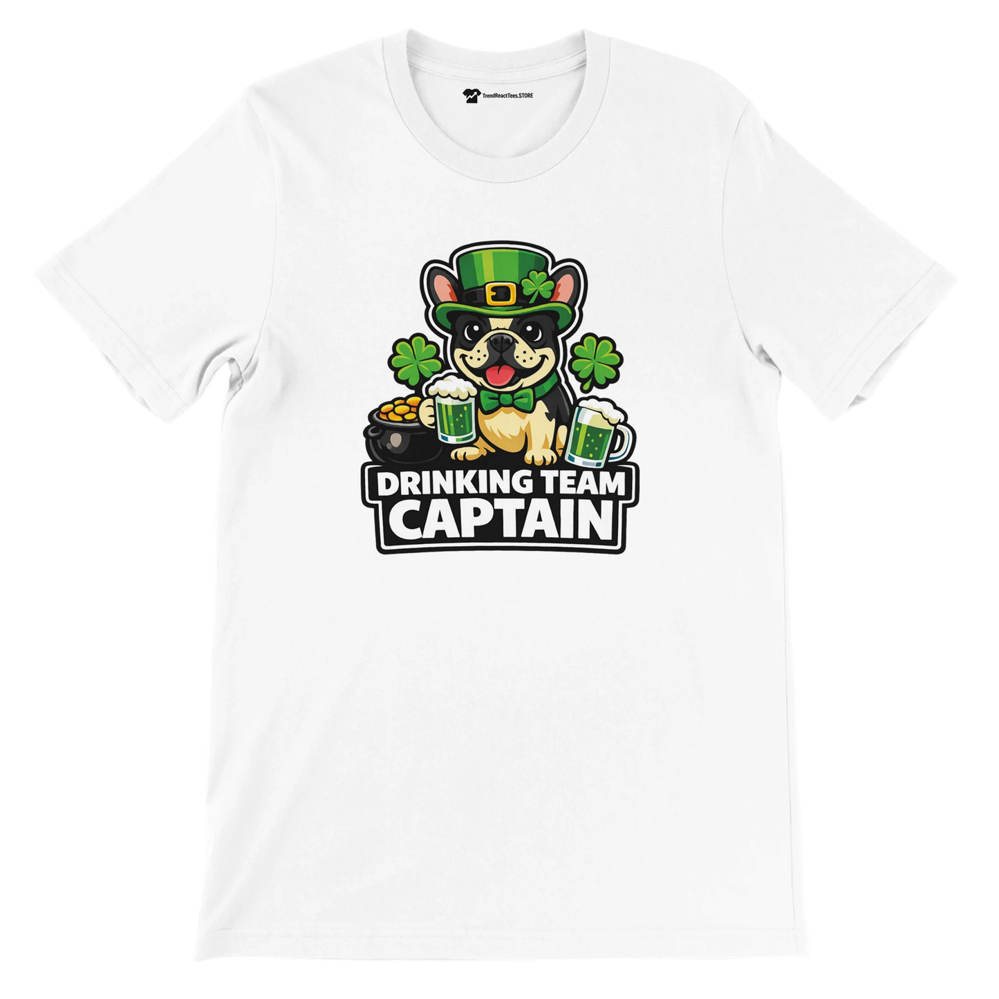St. Patrick's Day dog tee with 'Drinking Team Captain' text, shamrocks, beer mugs, and leprechaun hat