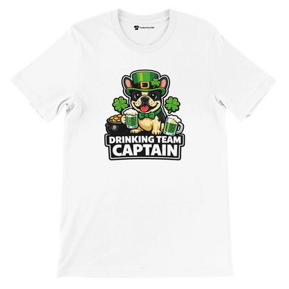 St. Patrick's Day dog tee with 'Drinking Team Captain' text, shamrocks, beer mugs, and leprechaun hat