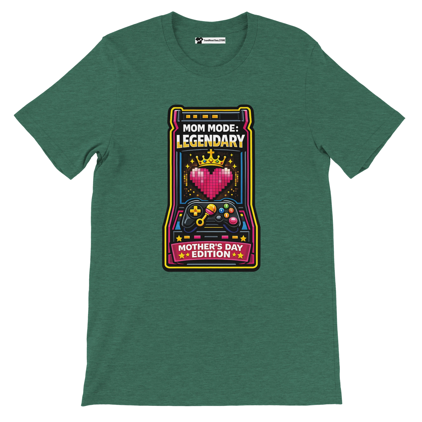 Green anime aesthetic t-shirt with gaming controller and 'Mom Mode: Legendary Mother's Day Edition' graphic