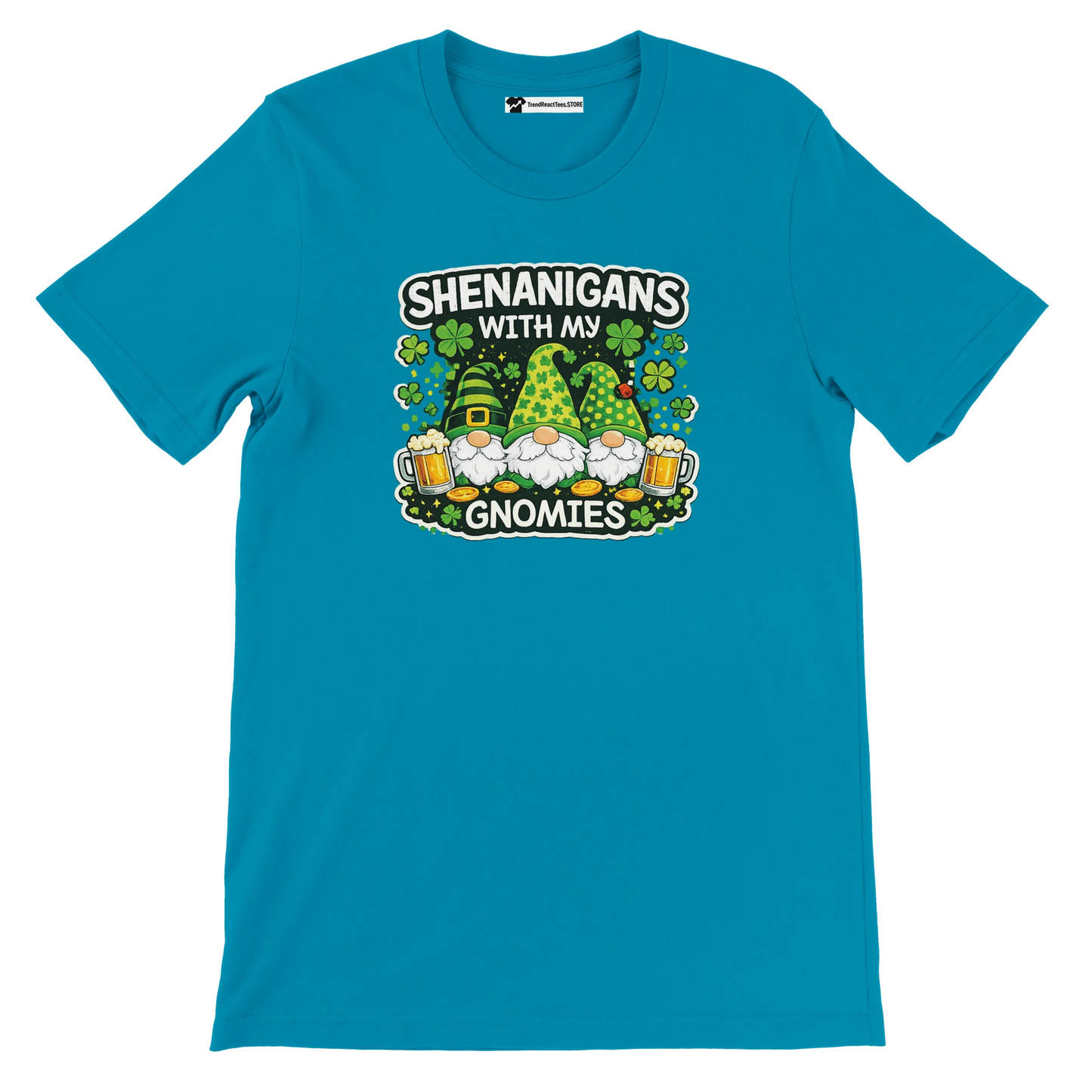 Blue St. Patrick's Day tee with gnomes, shamrocks, beer, and 'Shenanigans with My Gnomies' text