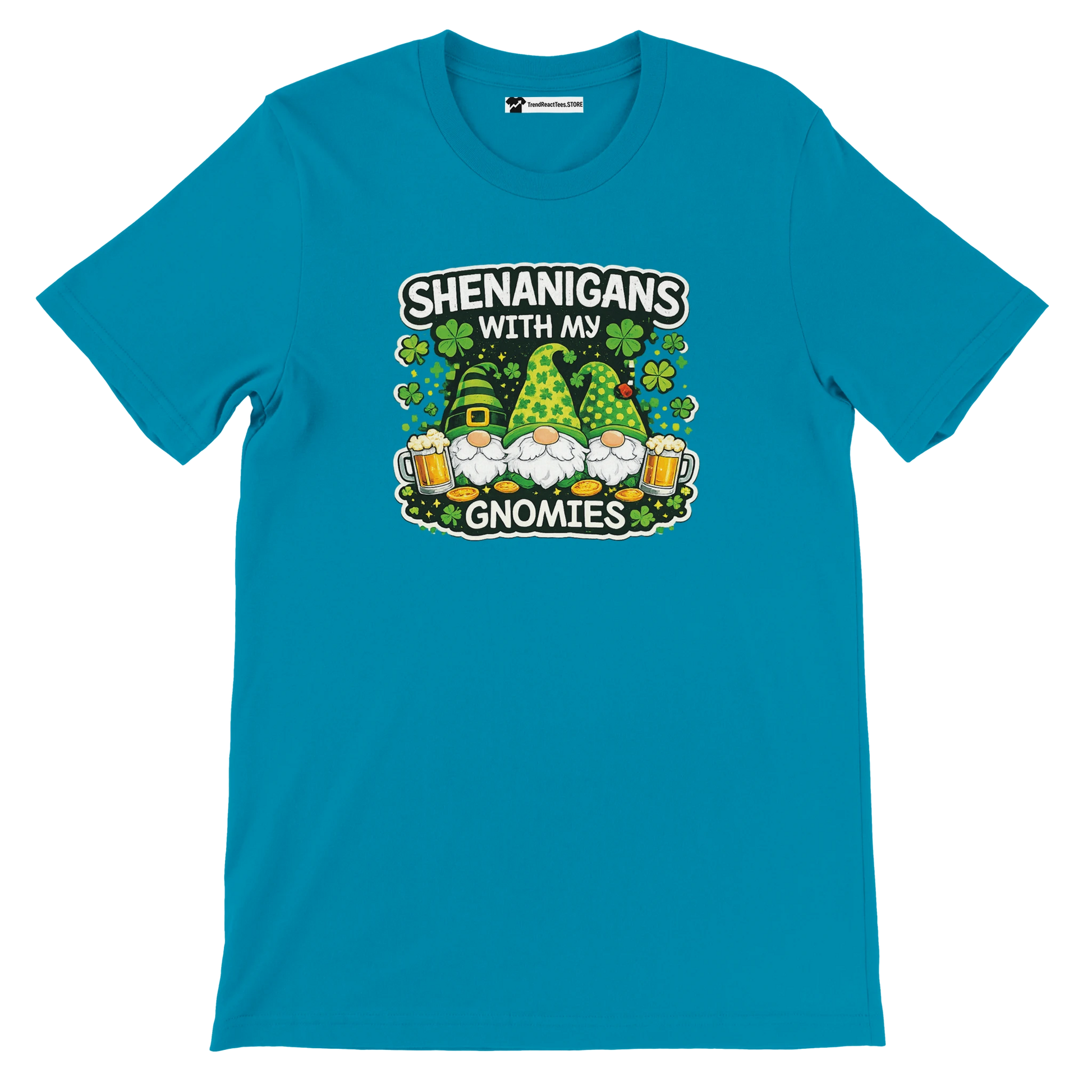 Blue St. Patrick's Day tee with gnomes, shamrocks, beer, and 'Shenanigans with My Gnomies' text
