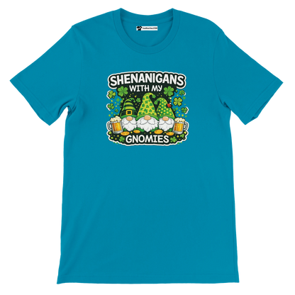 Blue St. Patrick's Day tee with gnomes, shamrocks, beer, and 'Shenanigans with My Gnomies' text