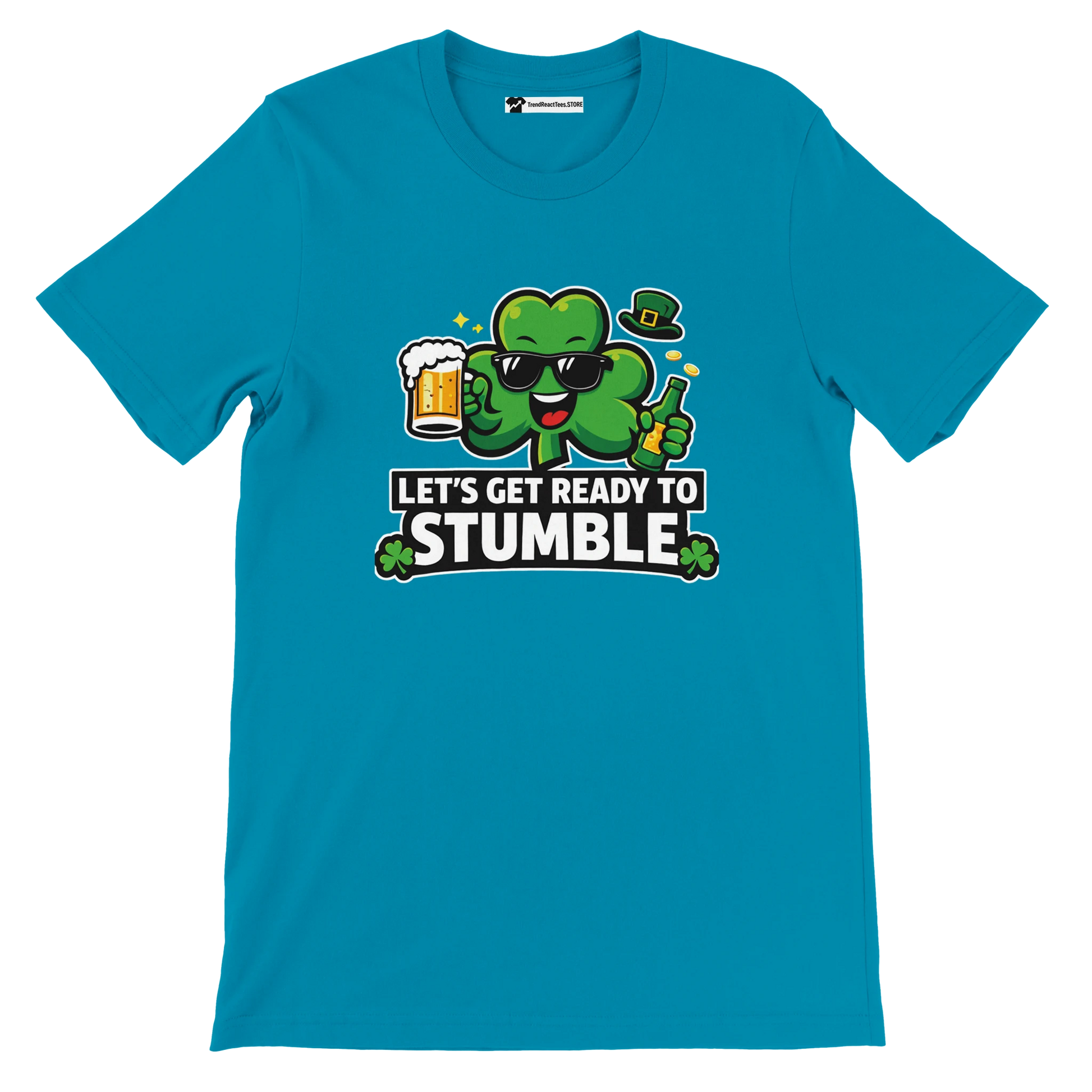 Blue t-shirt with cartoon shamrock holding beer and bottle, text says Let's Get Ready to Stumble