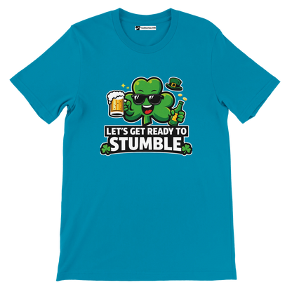 Blue t-shirt with cartoon shamrock holding beer and bottle, text says Let's Get Ready to Stumble
