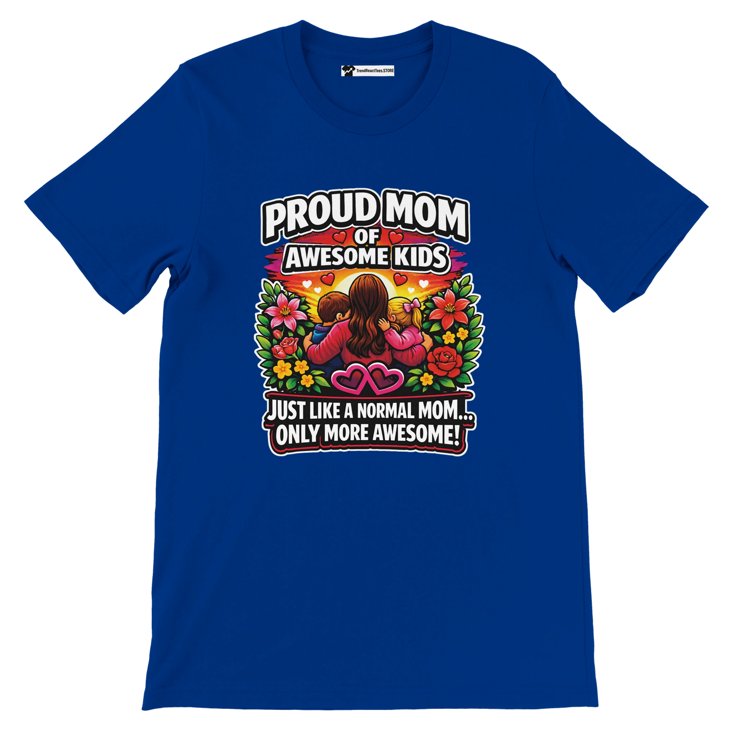 Blue t-shirt with proud mom of awesome kids quote, colorful anime-style mother and children, floral background