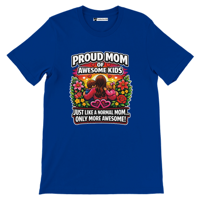 Blue t-shirt with proud mom of awesome kids quote, colorful anime-style mother and children, floral background