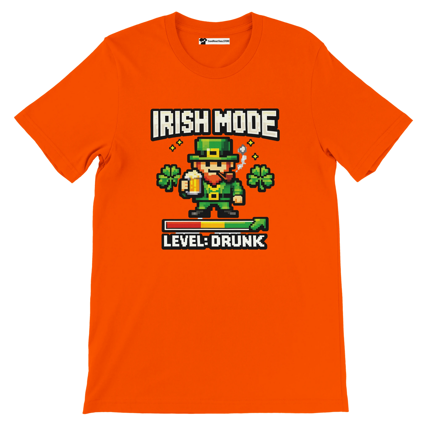 Orange St. Patrick's Day tee with pixel leprechaun, 'Irish Mode Level: Drunk' text, shamrocks, beer graphic