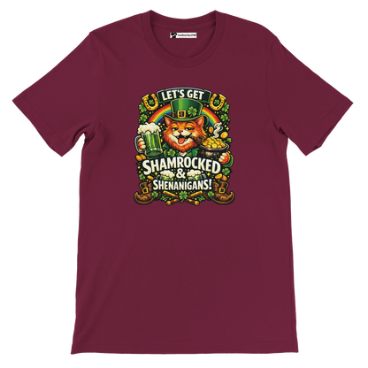 Maroon tee with leprechaun cat, beer, coins, shamrocks and 'Let's Get Shamrocked & Shenanigans!' quote