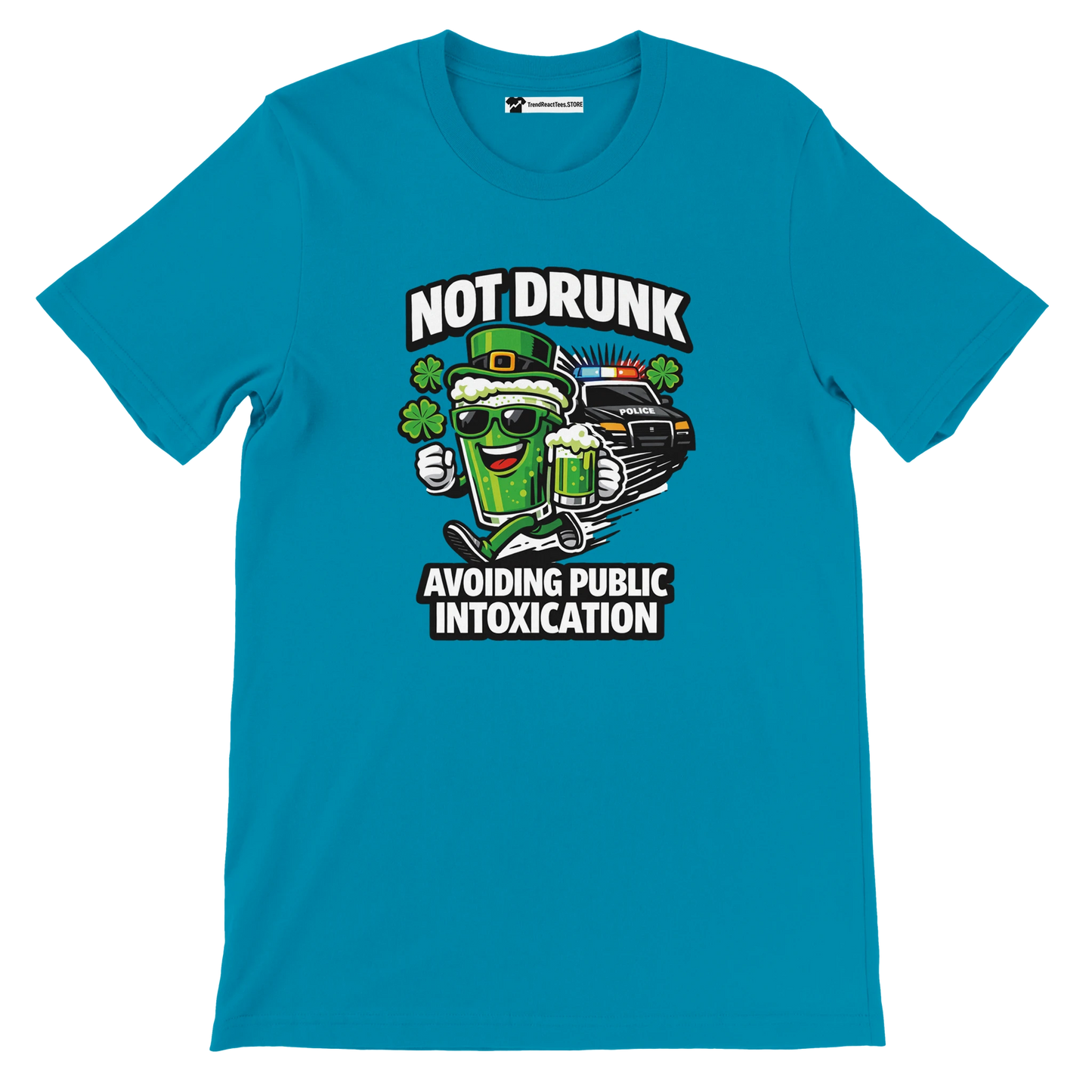 Blue t-shirt with cartoon beer mug, clovers, police car, and St. Patrick's Day quote graphic.