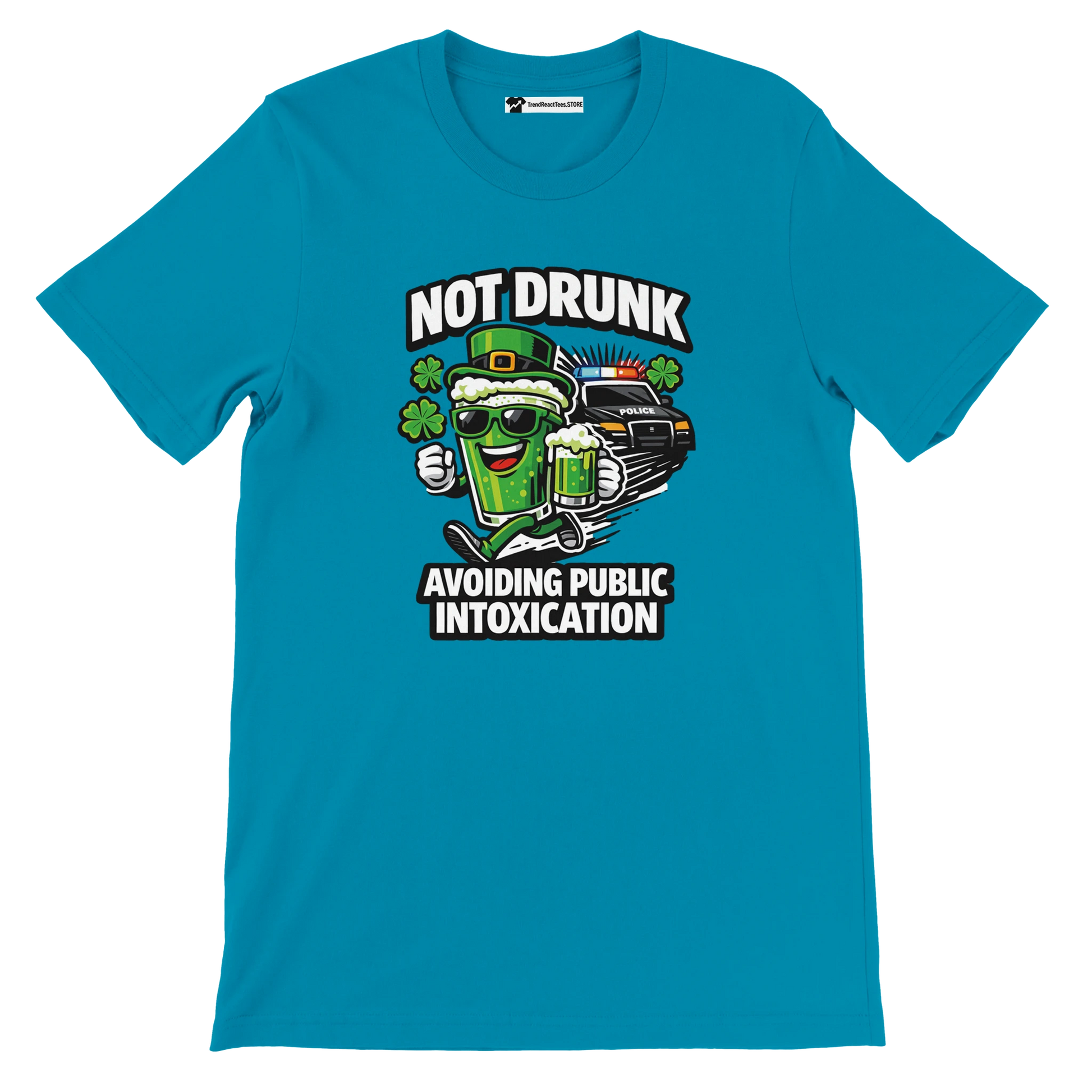 Blue t-shirt with cartoon beer mug, clovers, police car, and St. Patrick's Day quote graphic.