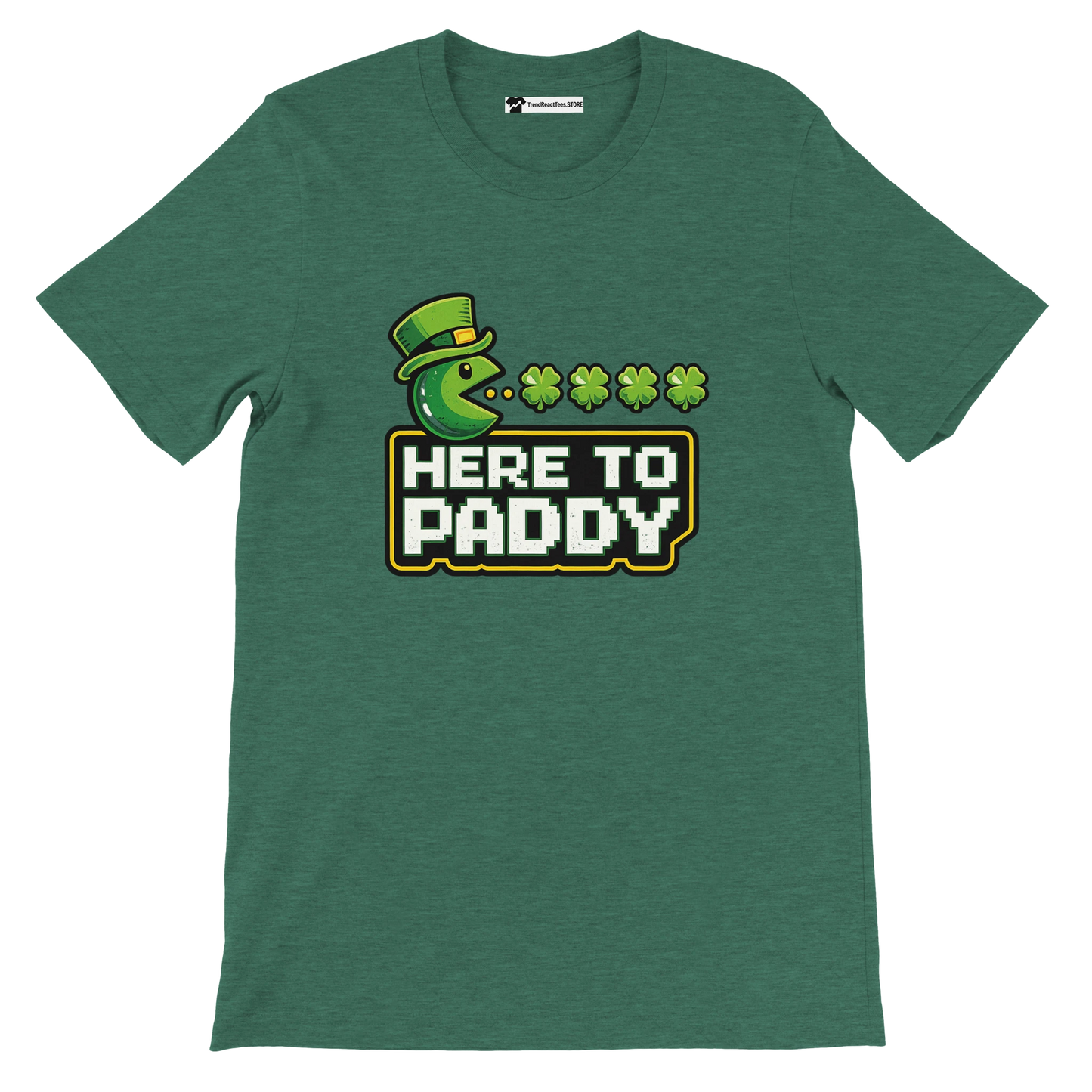 Green St. Patrick's Day t-shirt with Pac-Man graphic eating shamrocks, text 'HERE TO PADDY', leprechaun hat design