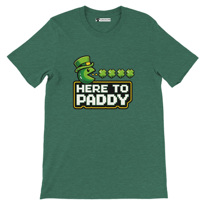 Green St. Patrick's Day t-shirt with Pac-Man graphic eating shamrocks, text 'HERE TO PADDY', leprechaun hat design