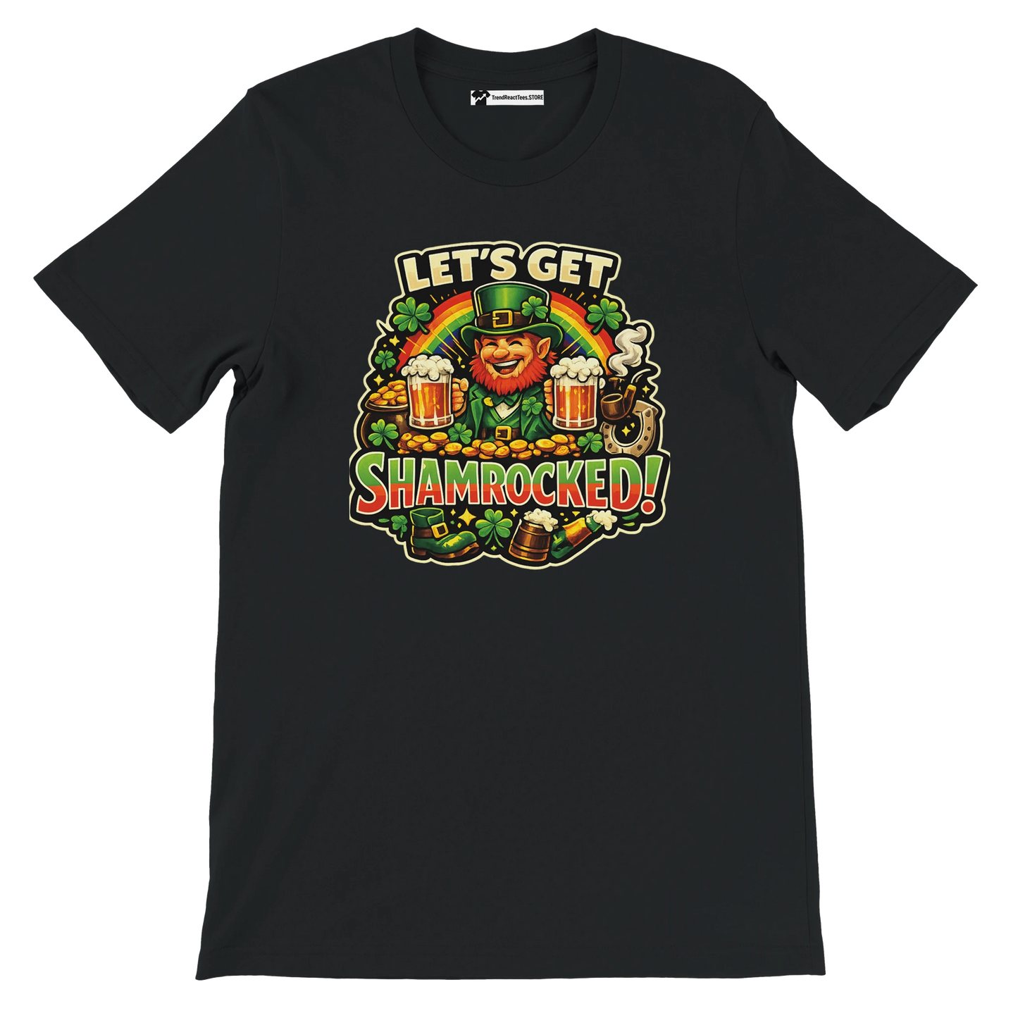 Let's Get Shamrocked! St. Patrick's Day leprechaun tee with beer, shamrocks, and rainbow design