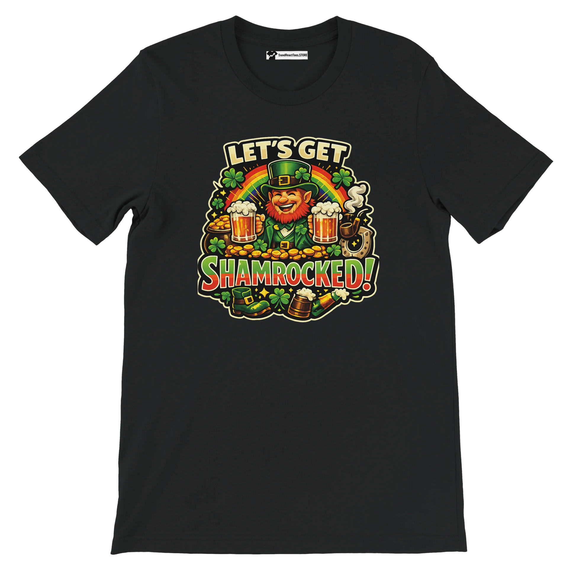 Let's Get Shamrocked! St. Patrick's Day leprechaun tee with beer, shamrocks, and rainbow design