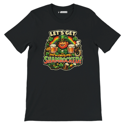 Let's Get Shamrocked! St. Patrick's Day leprechaun tee with beer, shamrocks, and rainbow design