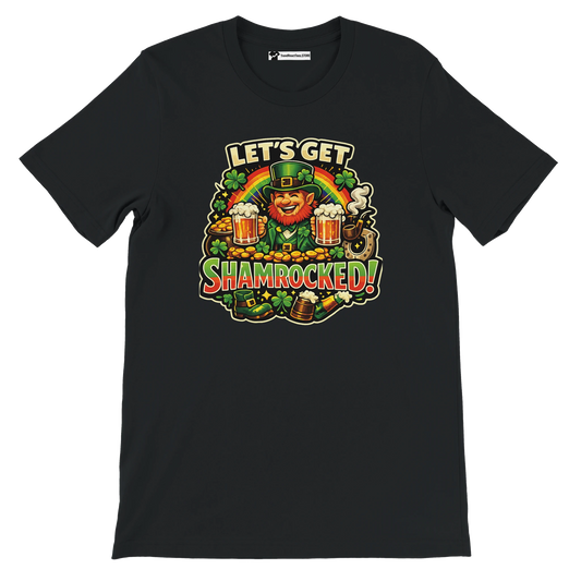 Let's Get Shamrocked! St. Patrick's Day leprechaun tee with beer, shamrocks, and rainbow design