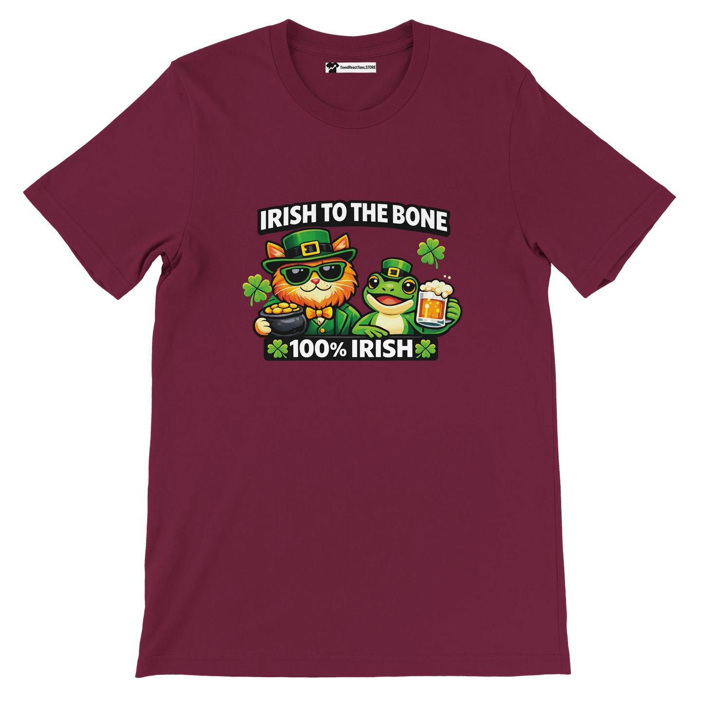 Irish to the Bone tee with cat, frog, shamrocks, and beer for St. Patrick's Day