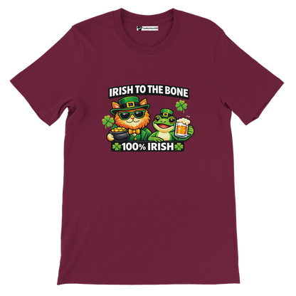 Irish to the Bone tee with cat, frog, shamrocks, and beer for St. Patrick's Day