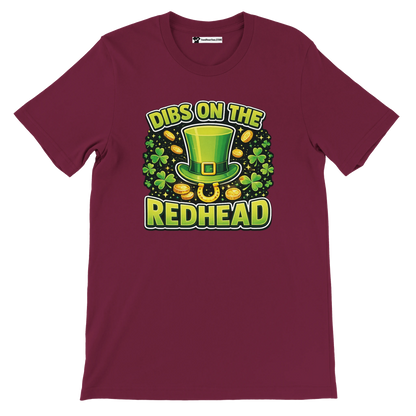 Maroon t-shirt with 'Dibs On The Redhead', green leprechaun hat, shamrocks and gold coins graphic