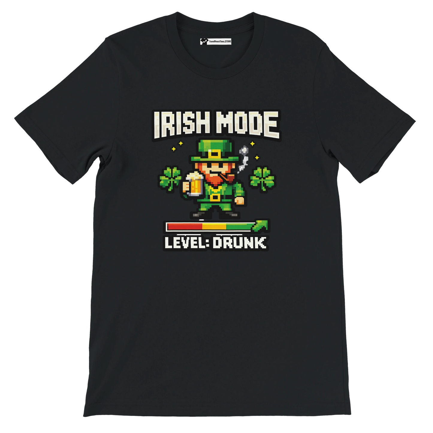 Black St. Patrick's Day tee with pixel art leprechaun, 'Irish Mode Level: Drunk' text, shamrocks, beer