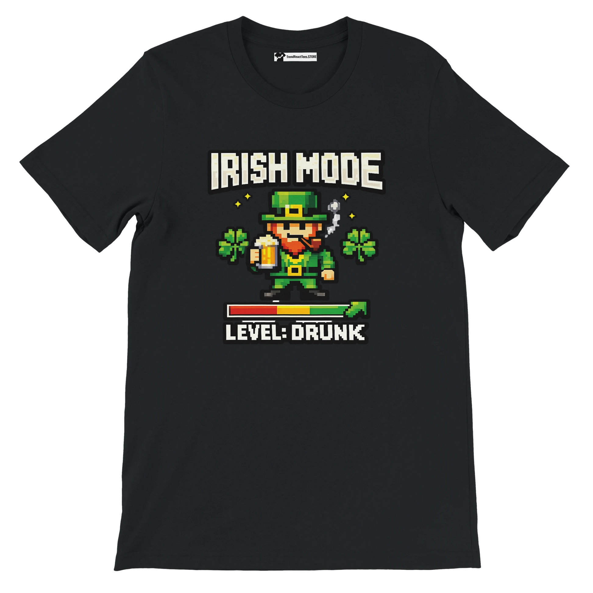 Black St. Patrick's Day tee with pixel art leprechaun, 'Irish Mode Level: Drunk' text, shamrocks, beer