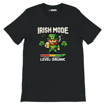 Black St. Patrick's Day tee with pixel art leprechaun, 'Irish Mode Level: Drunk' text, shamrocks, beer