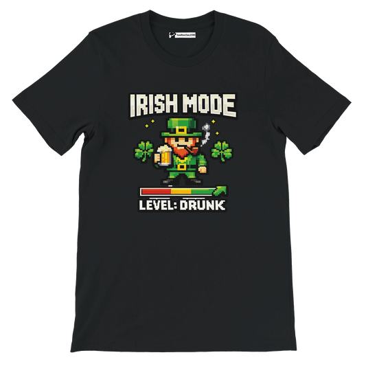 Black St. Patrick's Day tee with pixel art leprechaun, 'Irish Mode Level: Drunk' text, shamrocks, beer
