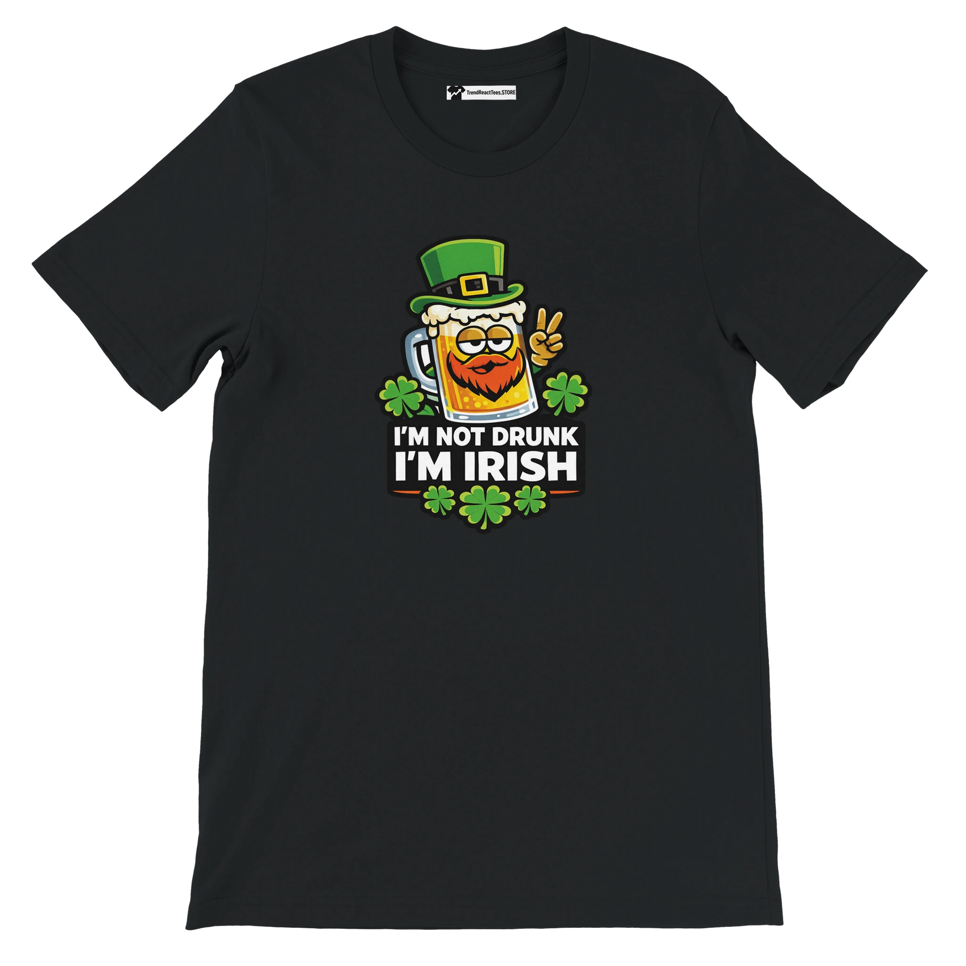 Black St. Patrick's Day tee with funny 'I'm Not Drunk I'm Irish' beer mug graphic, shamrocks, and leprechaun hat.