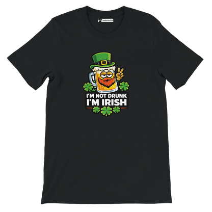 Black St. Patrick's Day tee with funny 'I'm Not Drunk I'm Irish' beer mug graphic, shamrocks, and leprechaun hat.