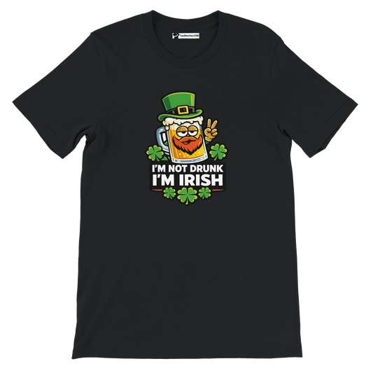 Black St. Patrick's Day tee with funny 'I'm Not Drunk I'm Irish' beer mug graphic, shamrocks, and leprechaun hat.