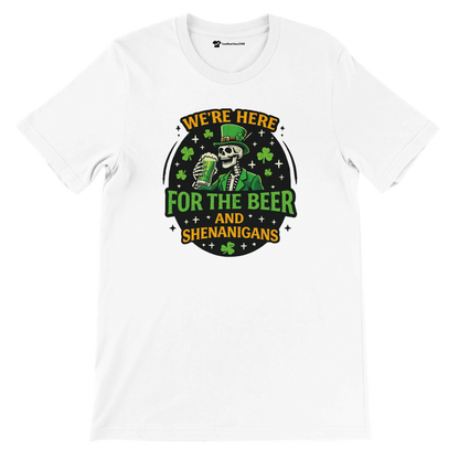 White t-shirt with cartoon skeleton leprechaun holding beer, shamrocks, and text for St. Patrick's Day.