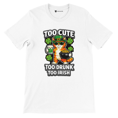 White t-shirt with cute cat in leprechaun hat, holding beer and gold, St. Patrick’s Day design