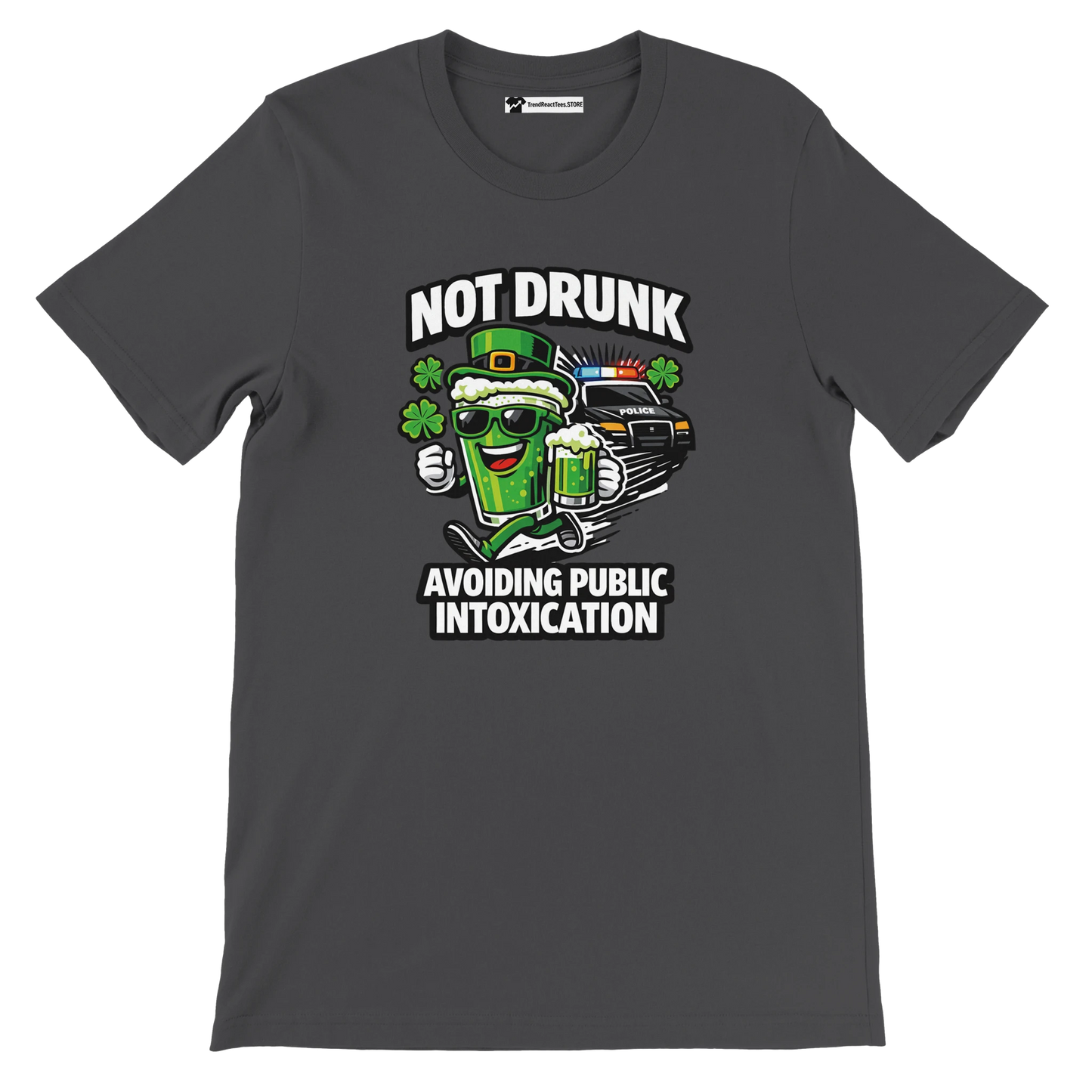 Funny St. Patrick's Day t-shirt with green beer cartoon, clovers, police car, and witty quote