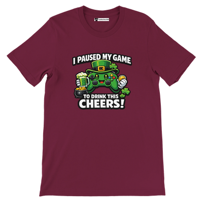 Maroon t-shirt with a St. Patrick's Day gaming controller graphic, clovers, beer, and quote.