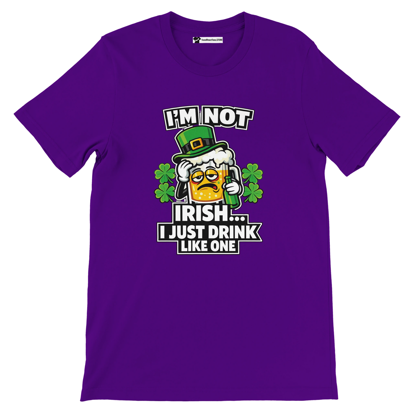 Purple St. Patrick’s Day tee with beer mug graphic, shamrocks, and 'I’m Not Irish... I Just Drink Like One' text