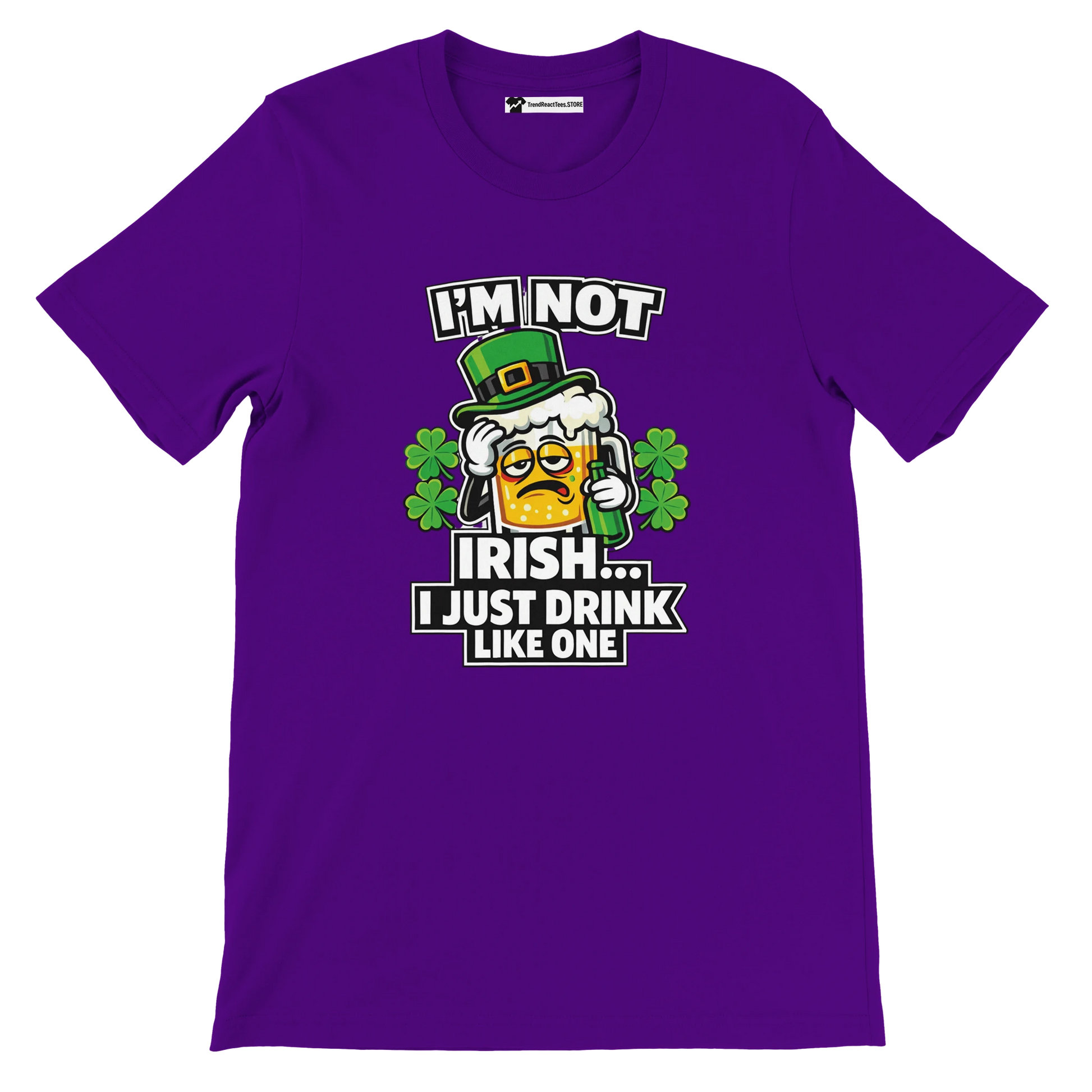 Purple St. Patrick’s Day tee with beer mug graphic, shamrocks, and 'I’m Not Irish... I Just Drink Like One' text