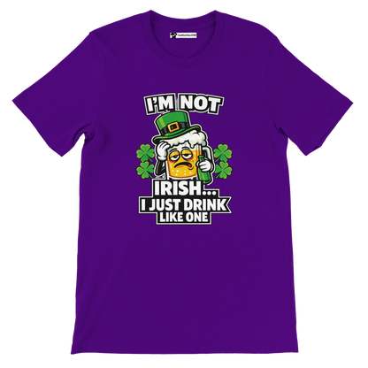 Purple St. Patrick’s Day tee with beer mug graphic, shamrocks, and 'I’m Not Irish... I Just Drink Like One' text