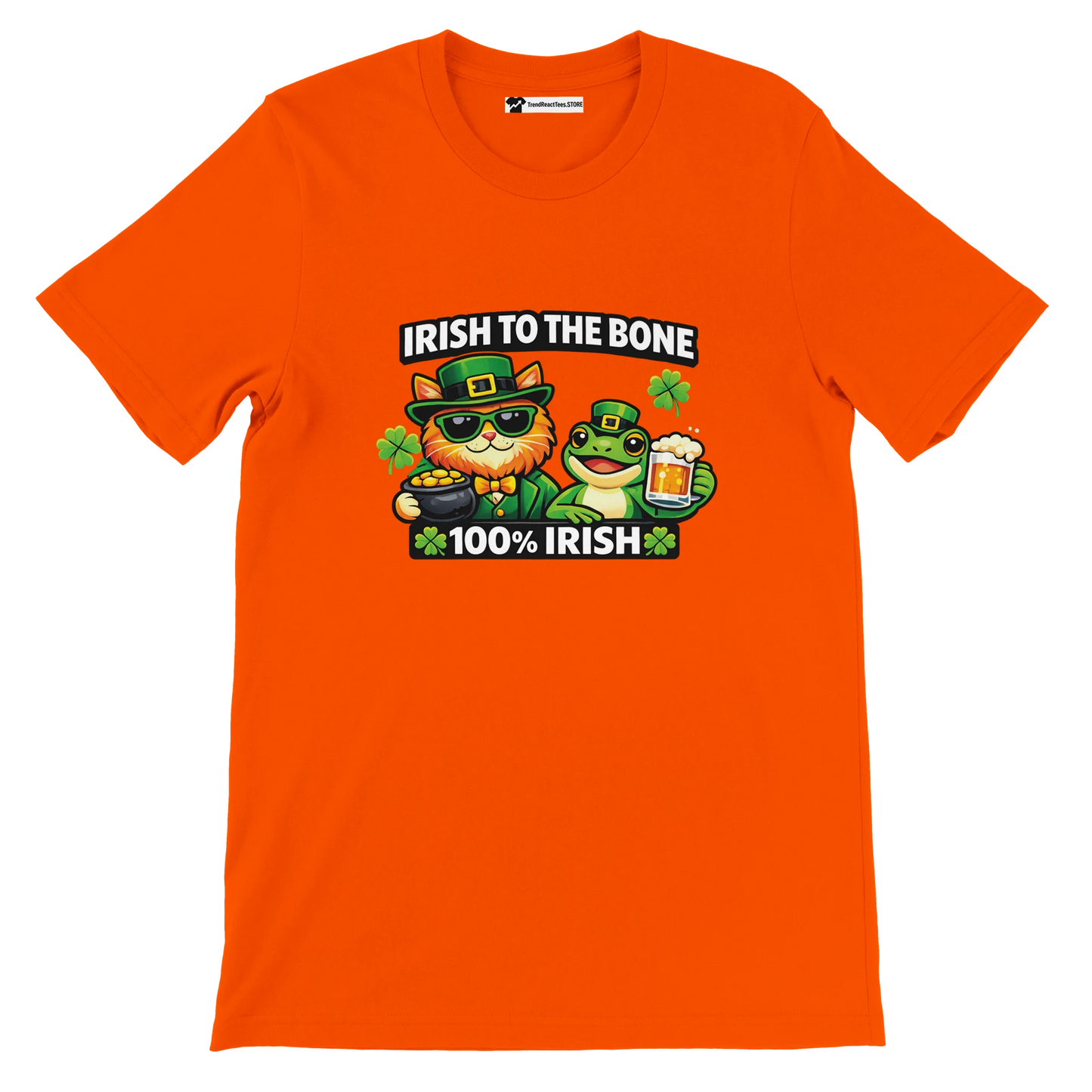 Orange St. Patrick's Day tee with cat and frog in green hats, 'Irish to the Bone' text, shamrocks, beer, and gold coins.
