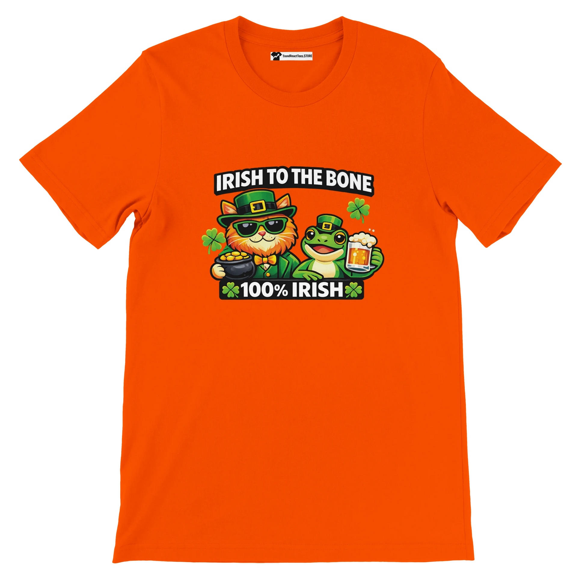 Orange St. Patrick's Day tee with cat and frog in green hats, 'Irish to the Bone' text, shamrocks, beer, and gold coins.