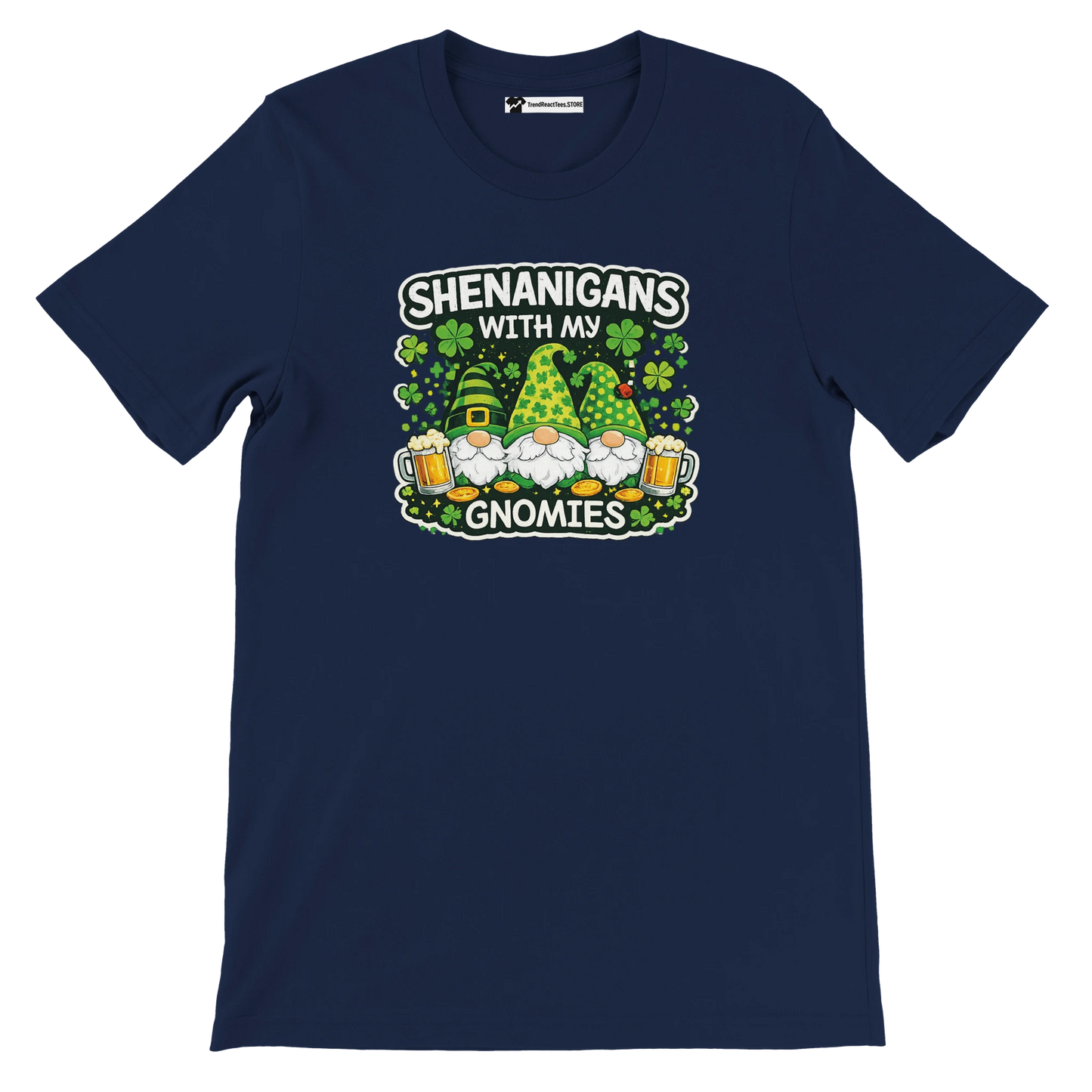 Navy tee with 'Shenanigans with my Gnomies' graphic, shamrocks, gnomes, and beer for St. Patrick’s Day fun