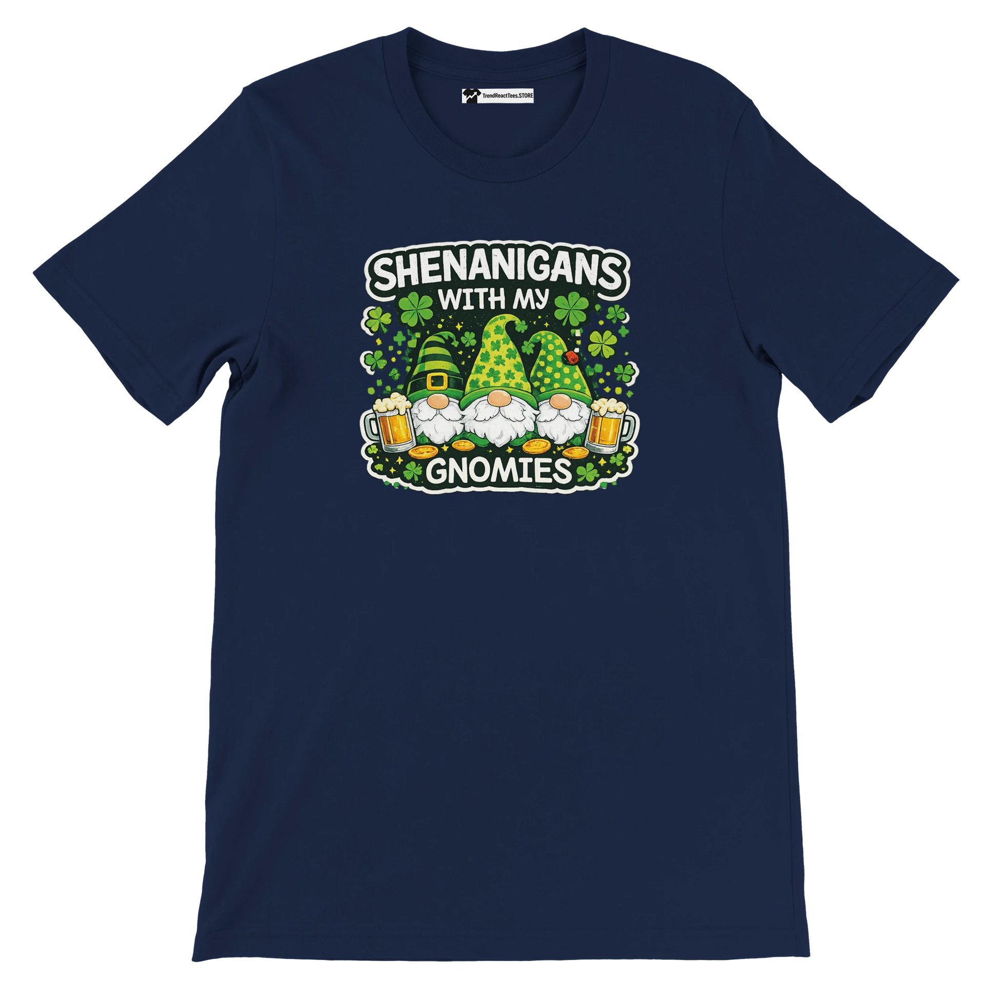 Navy tee with 'Shenanigans with my Gnomies' graphic, shamrocks, gnomes, and beer for St. Patrick’s Day fun