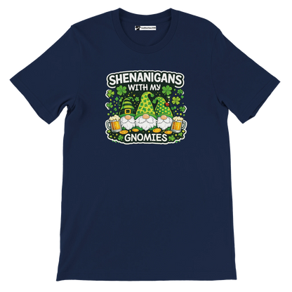Navy tee with 'Shenanigans with my Gnomies' graphic, shamrocks, gnomes, and beer for St. Patrick’s Day fun