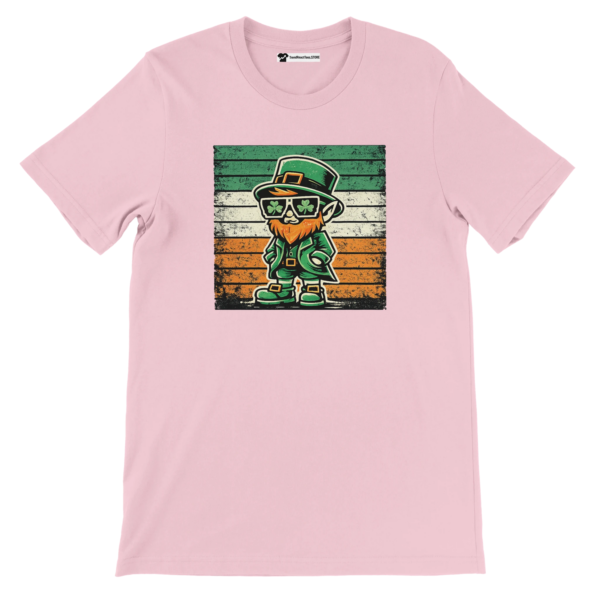 Pink tee with cartoon leprechaun, shamrock sunglasses, Irish flag retro background