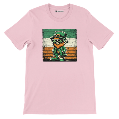 Pink tee with cartoon leprechaun, shamrock sunglasses, Irish flag retro background