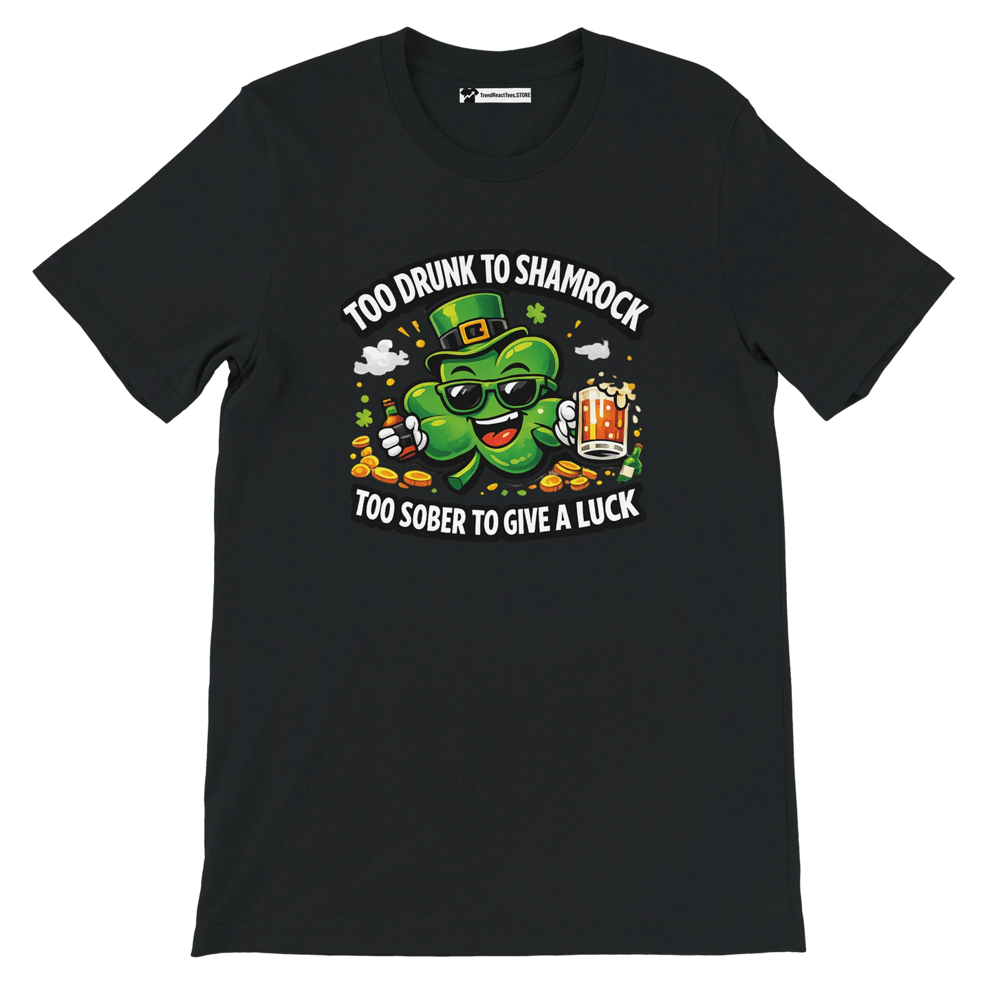 Black St. Patrick’s Day t-shirt with cartoon shamrock, beer mug, coins, and festive quote.