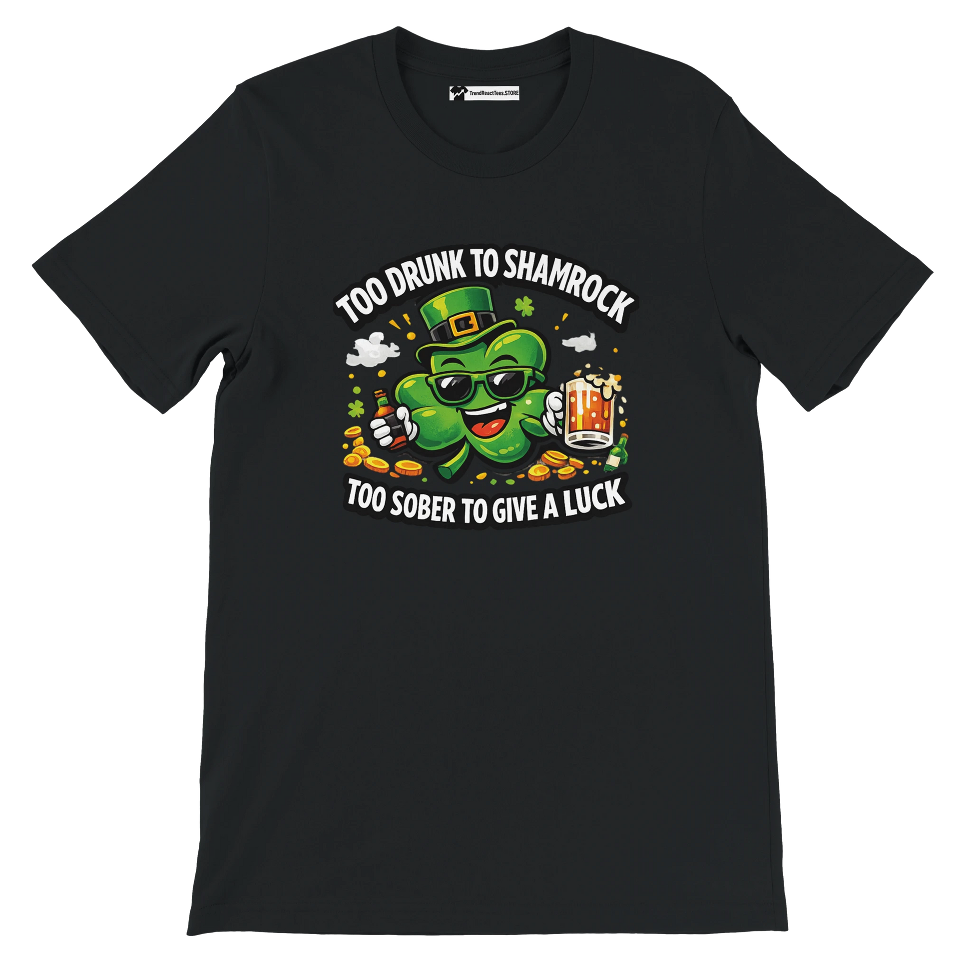 Black St. Patrick’s Day t-shirt with cartoon shamrock, beer mug, coins, and festive quote.