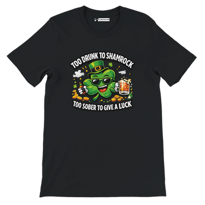 Black St. Patrick’s Day t-shirt with cartoon shamrock, beer mug, coins, and festive quote.